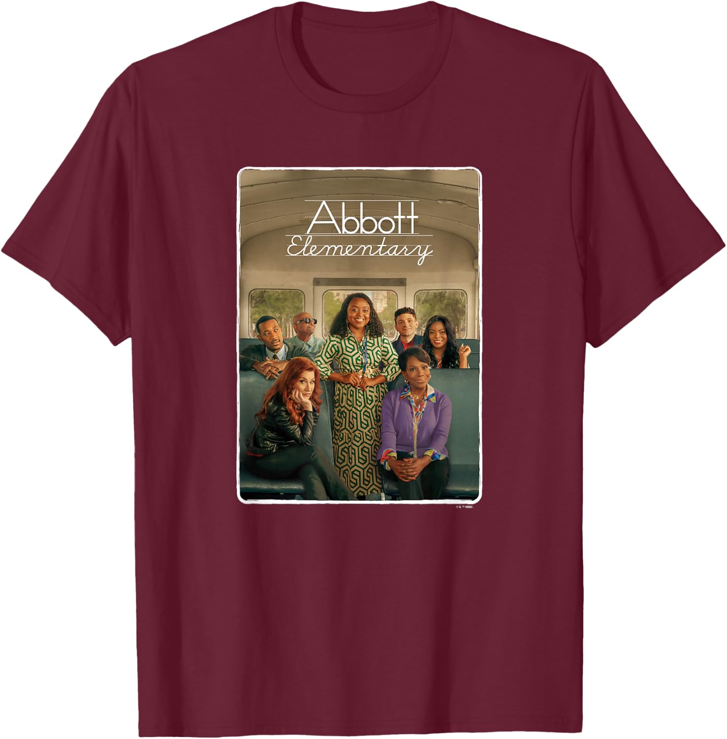Abbott Elementary Teachers On The Bus Portrait & Logo T-Shirt - T-Shirt | Maroon