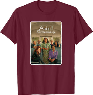 Abbott Elementary Teachers On The Bus Portrait & Logo T-Shirt - T-Shirt | Maroon
