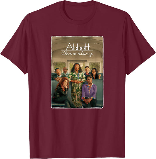 Abbott Elementary Teachers On The Bus Portrait & Logo T-Shirt - T-Shirt | Maroon