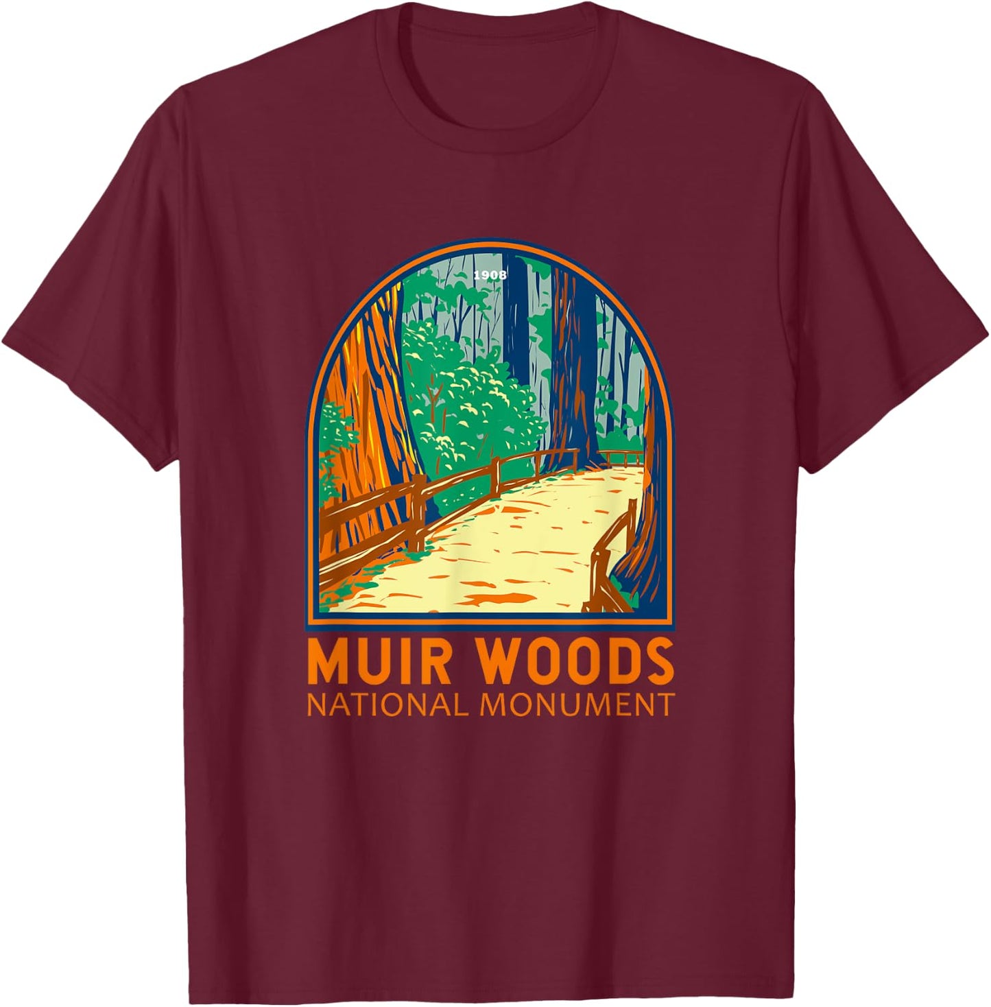 Muir Woods National Monument California Emblem Vintage T-Shirt - T-Shirt | Maroon