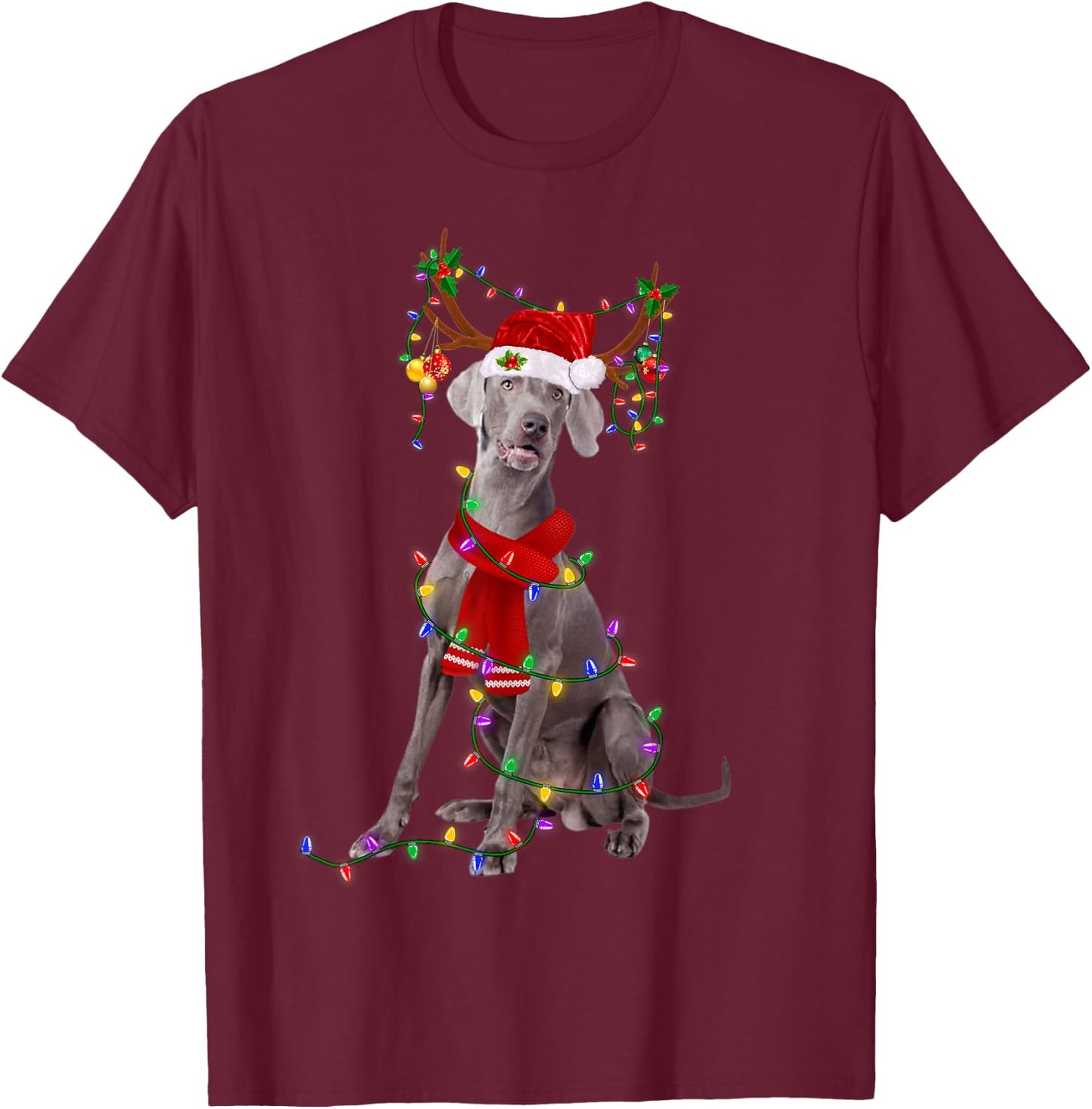 Funny Weimaraner Dog Tree Christmas Lights Xmas Pajama Men Women Kids T-Shirt - T-Shirt | Maroon