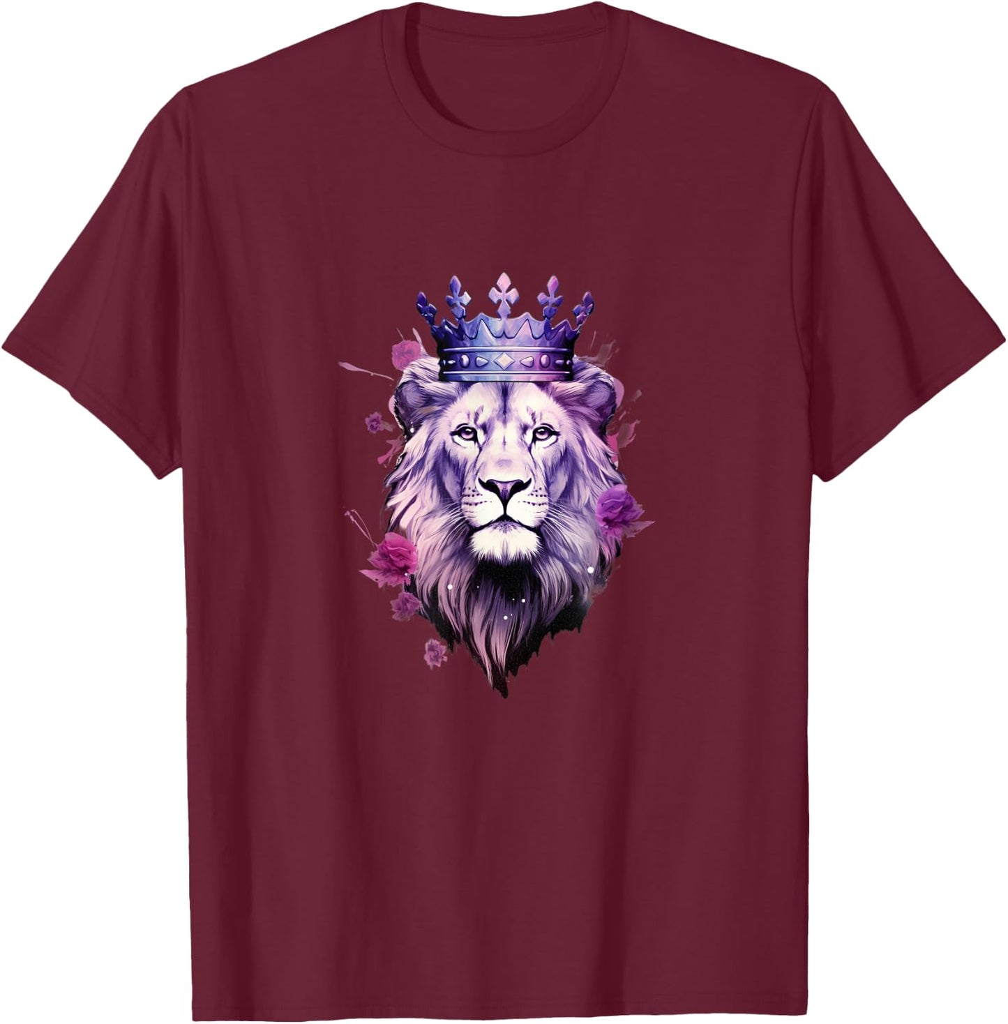 Majestic Purple Lion - Royal Crown Roses T-Shirt - T-Shirt | Maroon