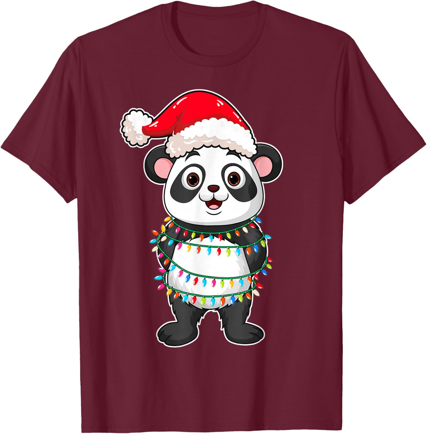 Christmas Lights Panda Wearing Xmas Hat - Cute Panda Lover T-Shirt - T-Shirt | Maroon