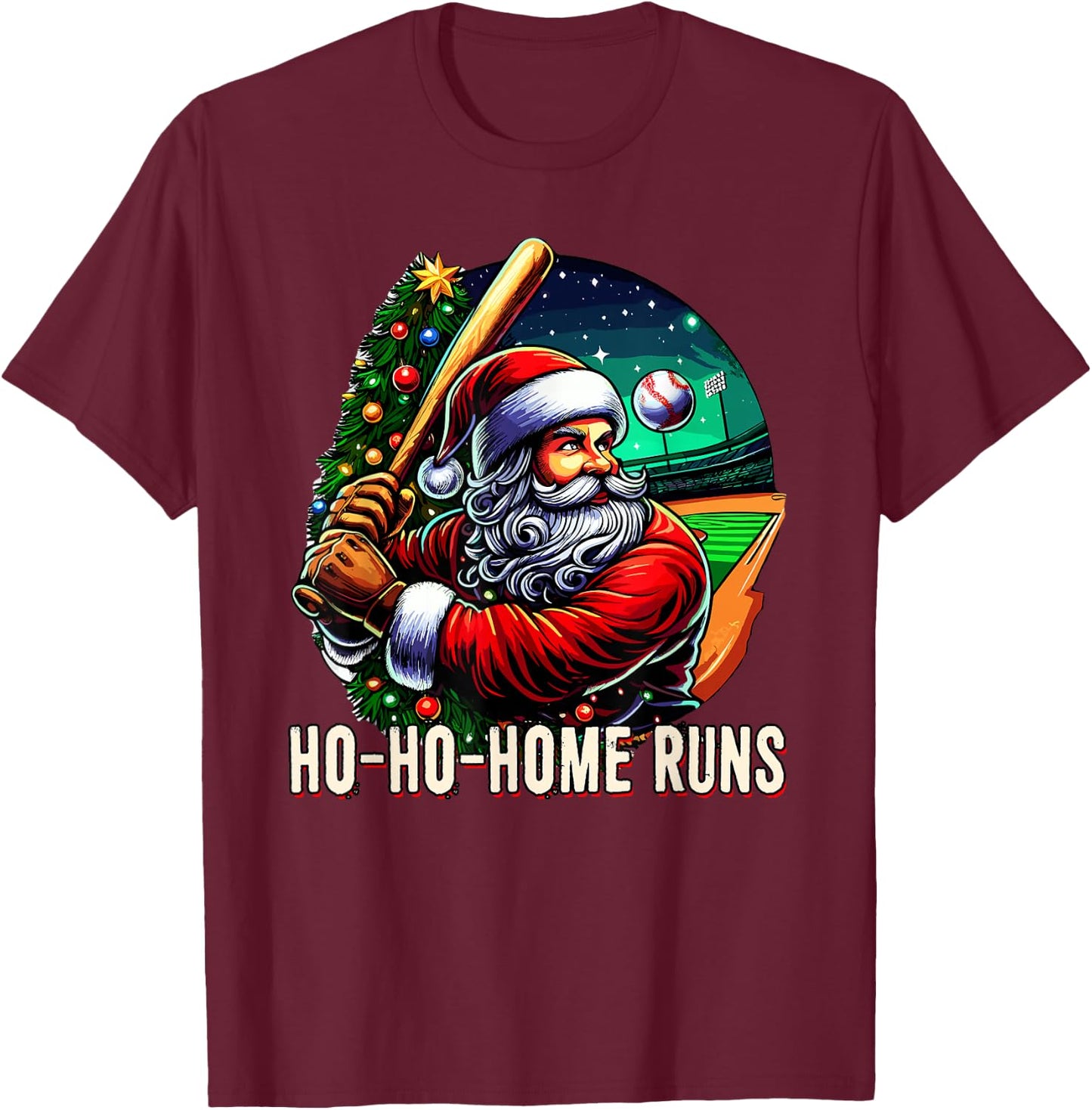 HO HO Home Runs Funny Baseball Santa Claus Sport Christmas T-Shirt - T-Shirt | Maroon
