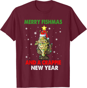Merry Fishmas And A Crappie New Year Fishing Funny Xmas T-Shirt - T-Shirt | Maroon