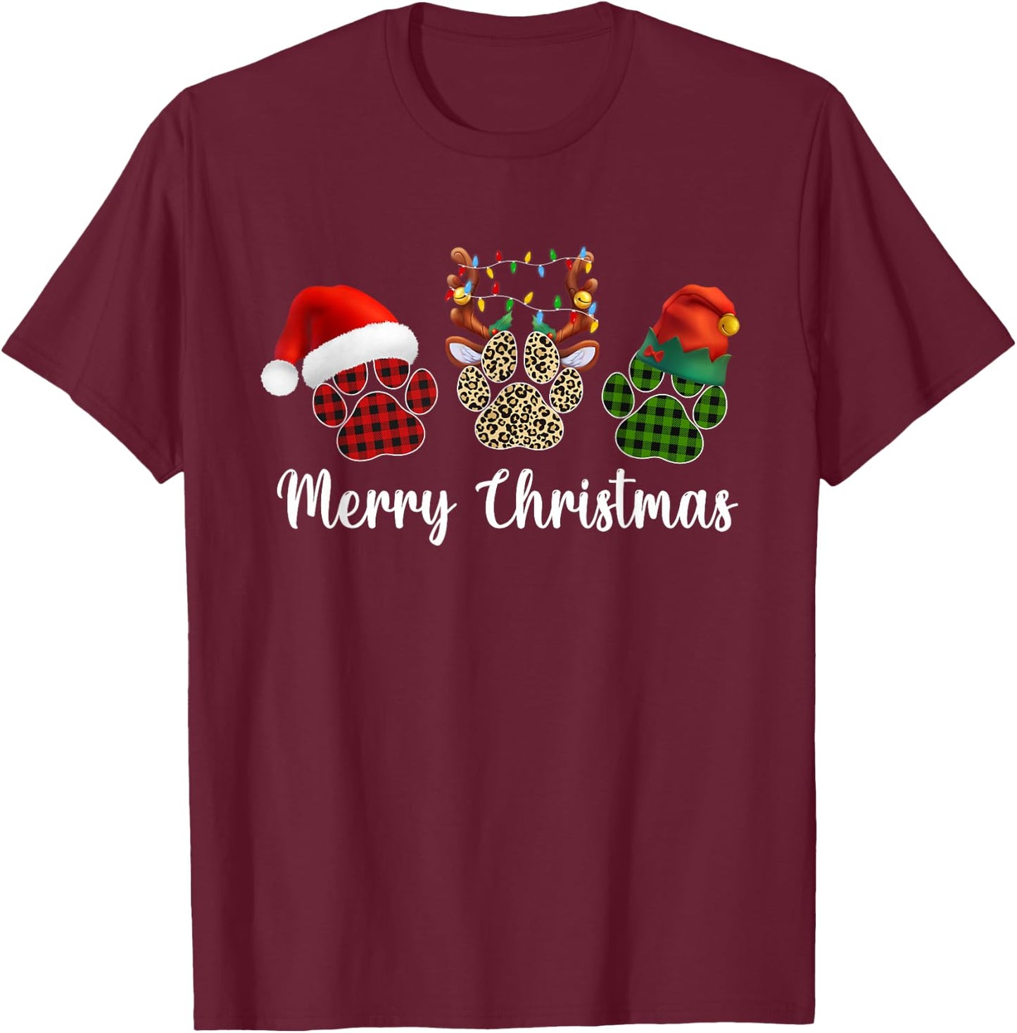 Merry Christmas Dog Paws Buffalo Plaid Leopard Santa Xmas T-Shirt - T-Shirt | Maroon