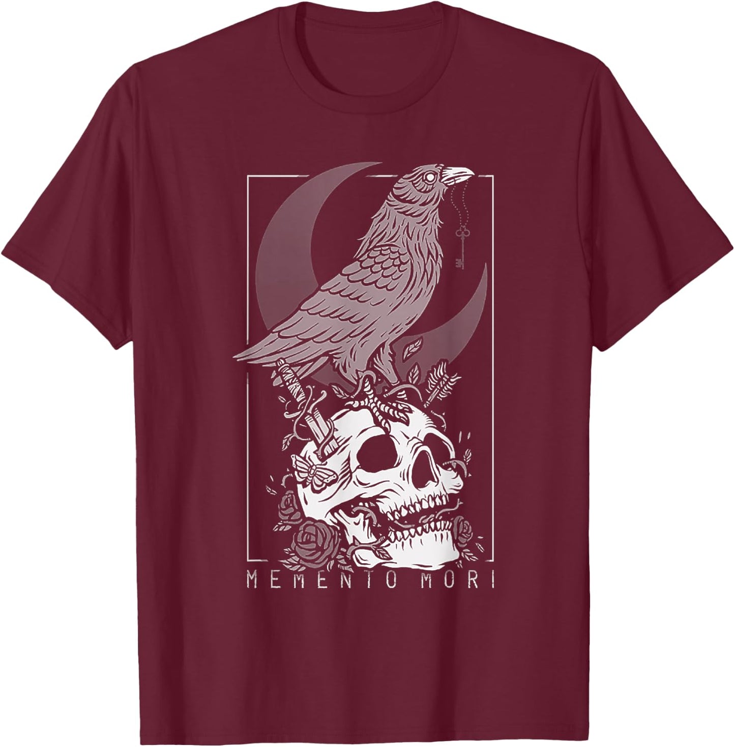 Memento Mori Crow Skull Moon T-Shirt - T-Shirt | Maroon
