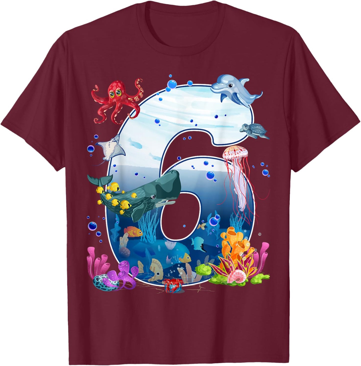 6th Birthday Party Ocean 6 Year Old Sea Fish Aquarium Boy T-Shirt - T-Shirt | Maroon
