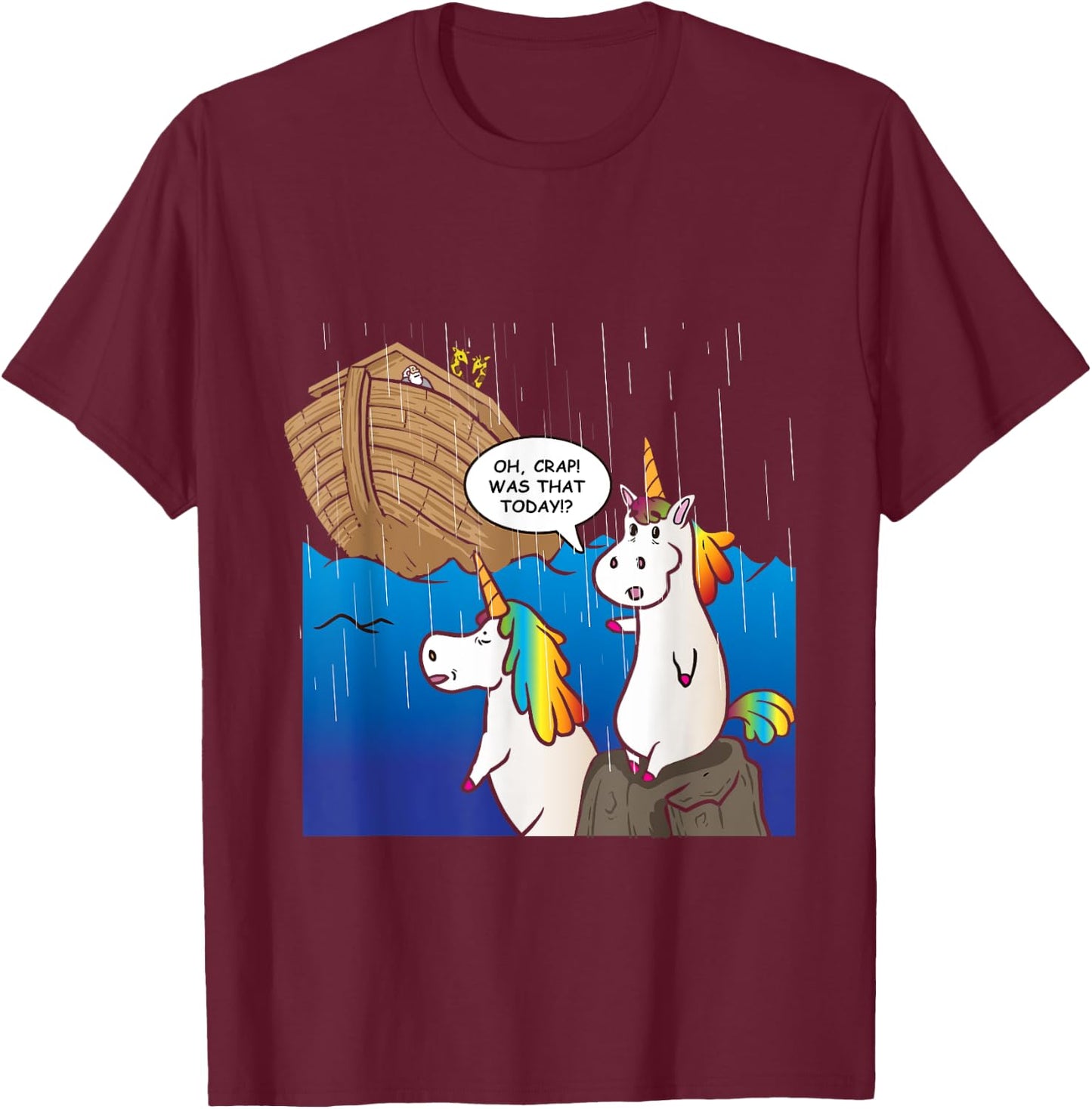 Two Unicorns Missing Ark Noah During Rain Funny Christian T-Shirt - T-Shirt | Maroon