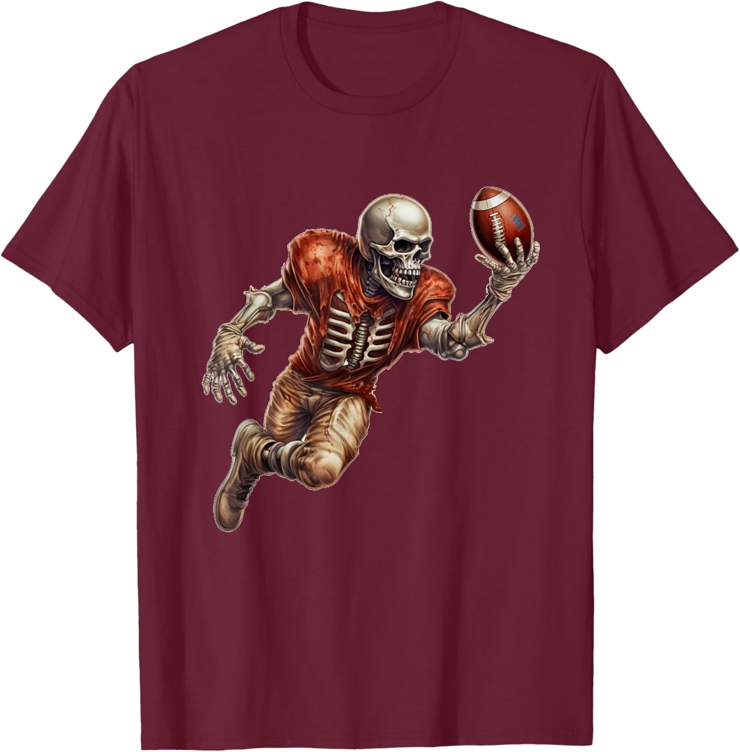 Skeleton Playing Football Cool Touchdown Halloween T-Shirt - T-Shirt | Maroon