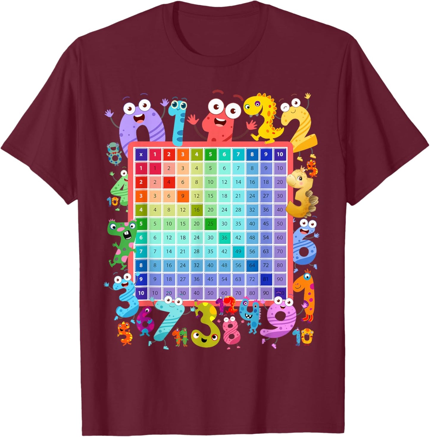 Dinosaur Numbers Idea for Kids & Dino Multiplication Square T-Shirt - T-Shirt | Maroon