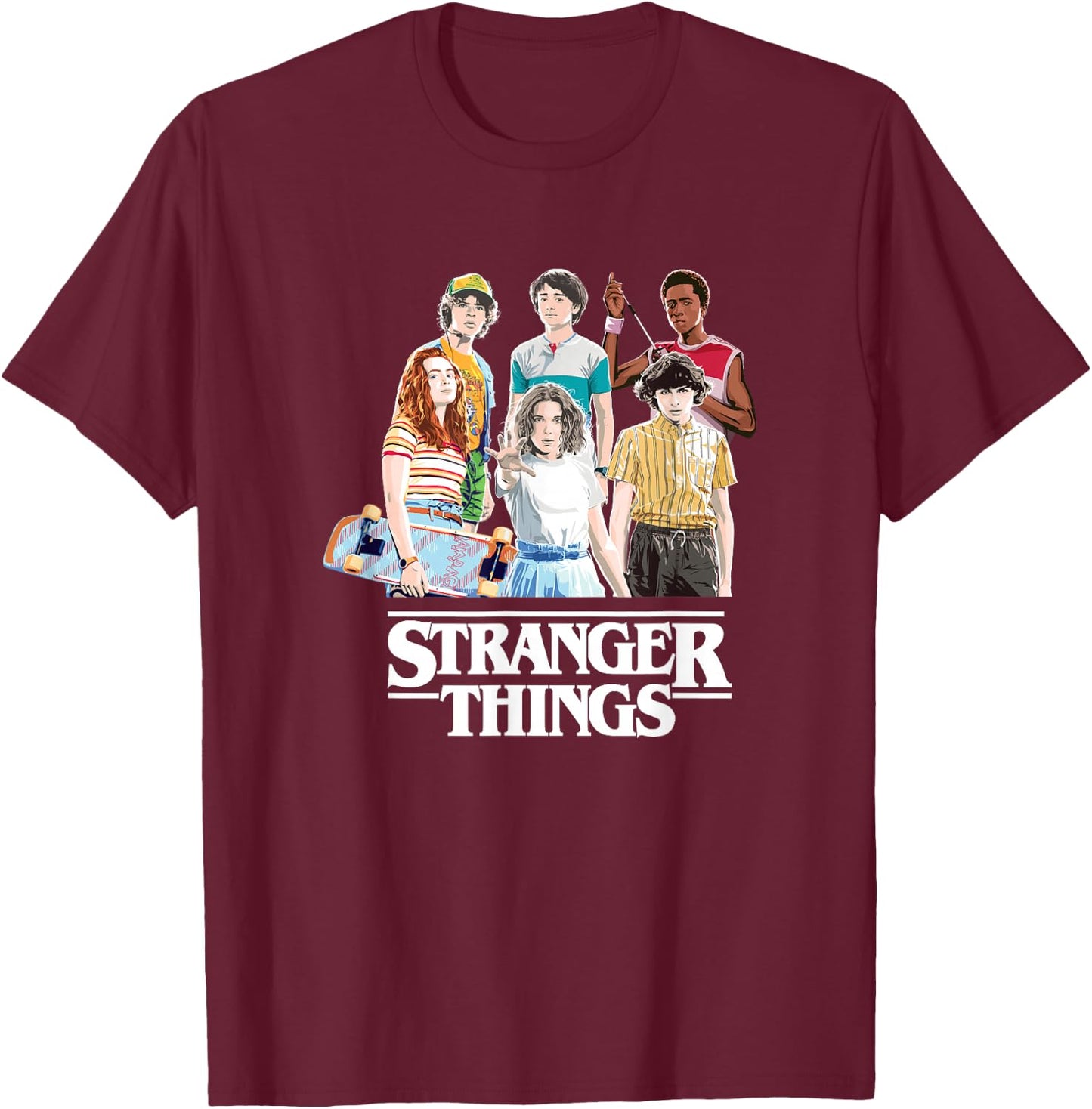 Stranger Things Retro Vintage Bleach Gradient Group Shot T-Shirt - T-Shirt | Maroon