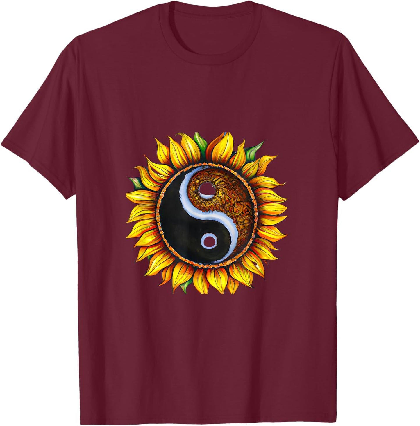 Sunflower Yin Yang Floral Light Dark Harmony T-Shirt - T-Shirt | Maroon