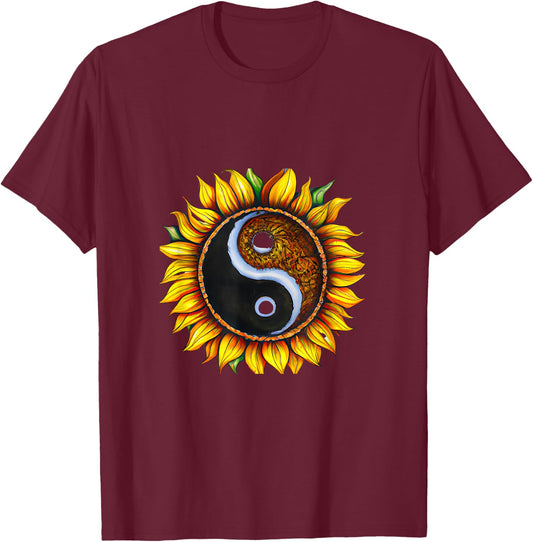 Sunflower Yin Yang Floral Light Dark Harmony T-Shirt - T-Shirt | Maroon
