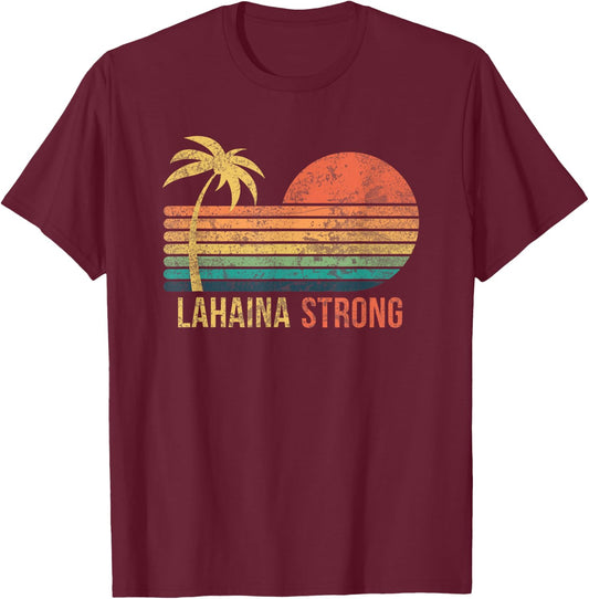 Lahaina Strong Palm Tree and Sunset T-Shirt - T-Shirt | Maroon