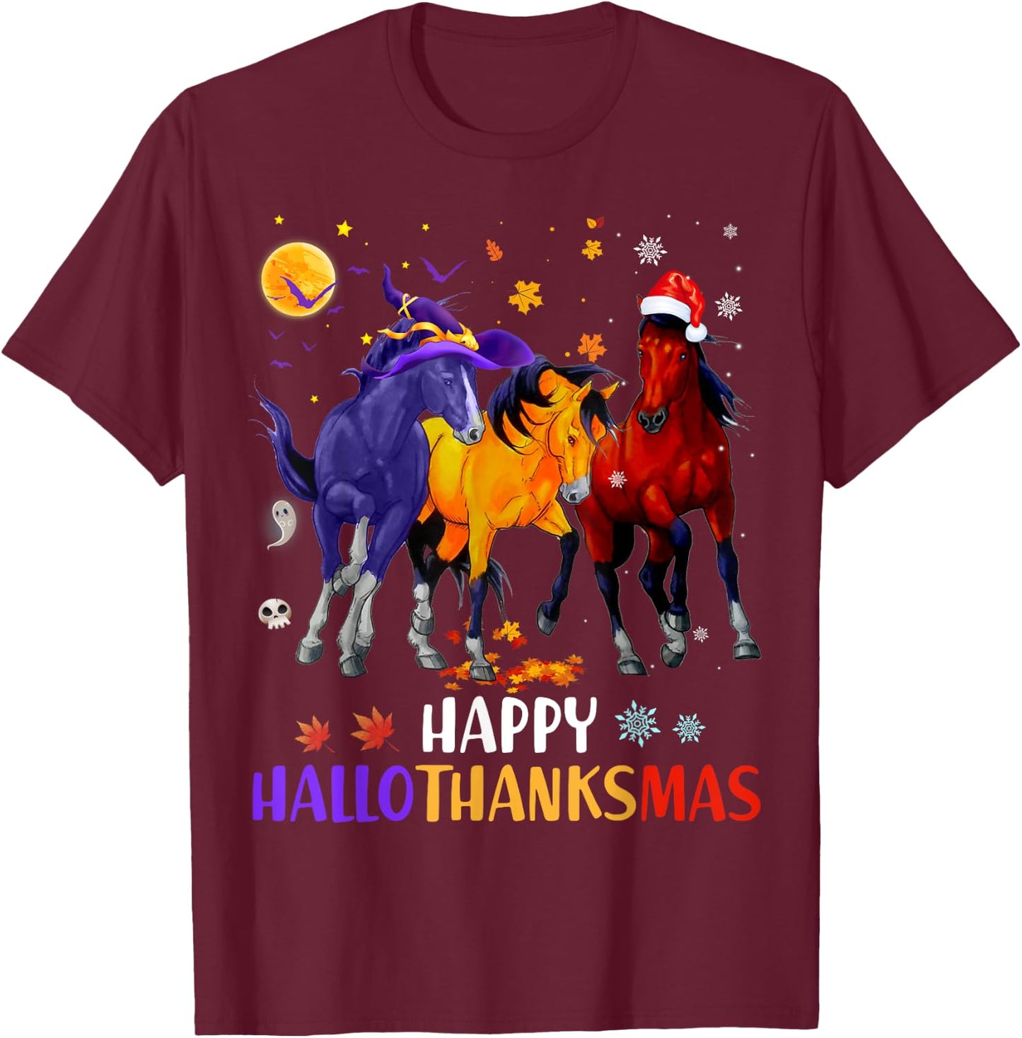Happy Hallothanksmas Horse Halloween Thanksgiving Christmas T-Shirt - T-Shirt | Maroon