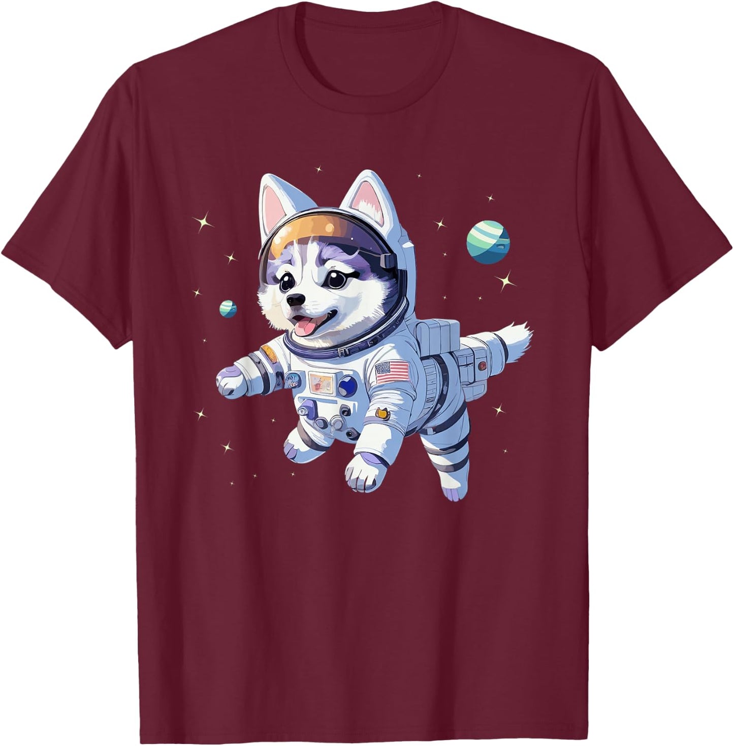 Space Dog Siberian Husky Cute Puppy Astronaut Galaxy Graphic T-Shirt - T-Shirt | Maroon
