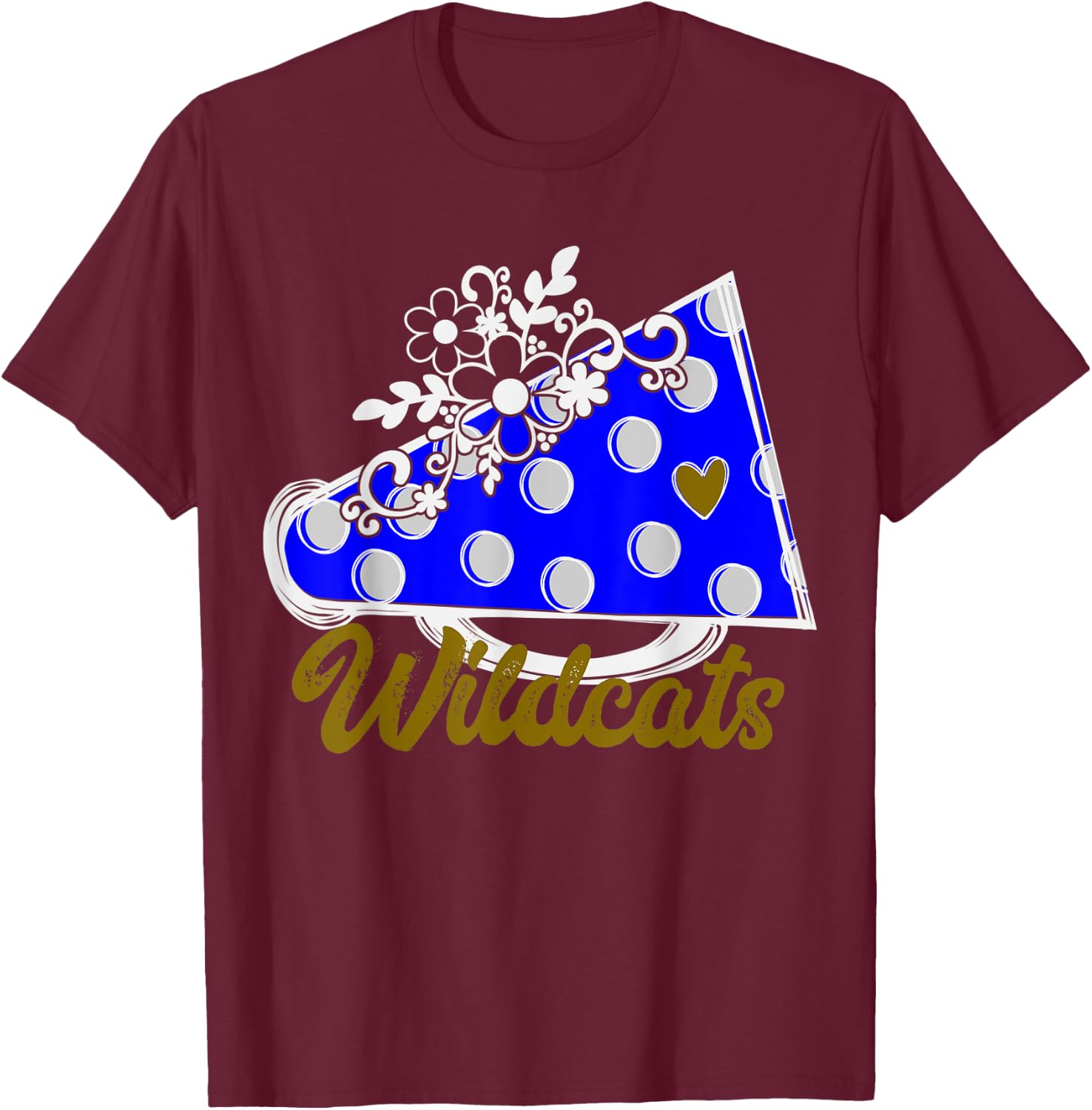 Cheer WILDCATS Shirt, Blue Megaphone Heart Flower Accent T-Shirt - T-Shirt | Maroon