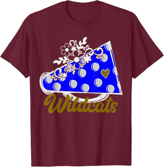 Cheer WILDCATS Shirt, Blue Megaphone Heart Flower Accent T-Shirt - T-Shirt | Maroon