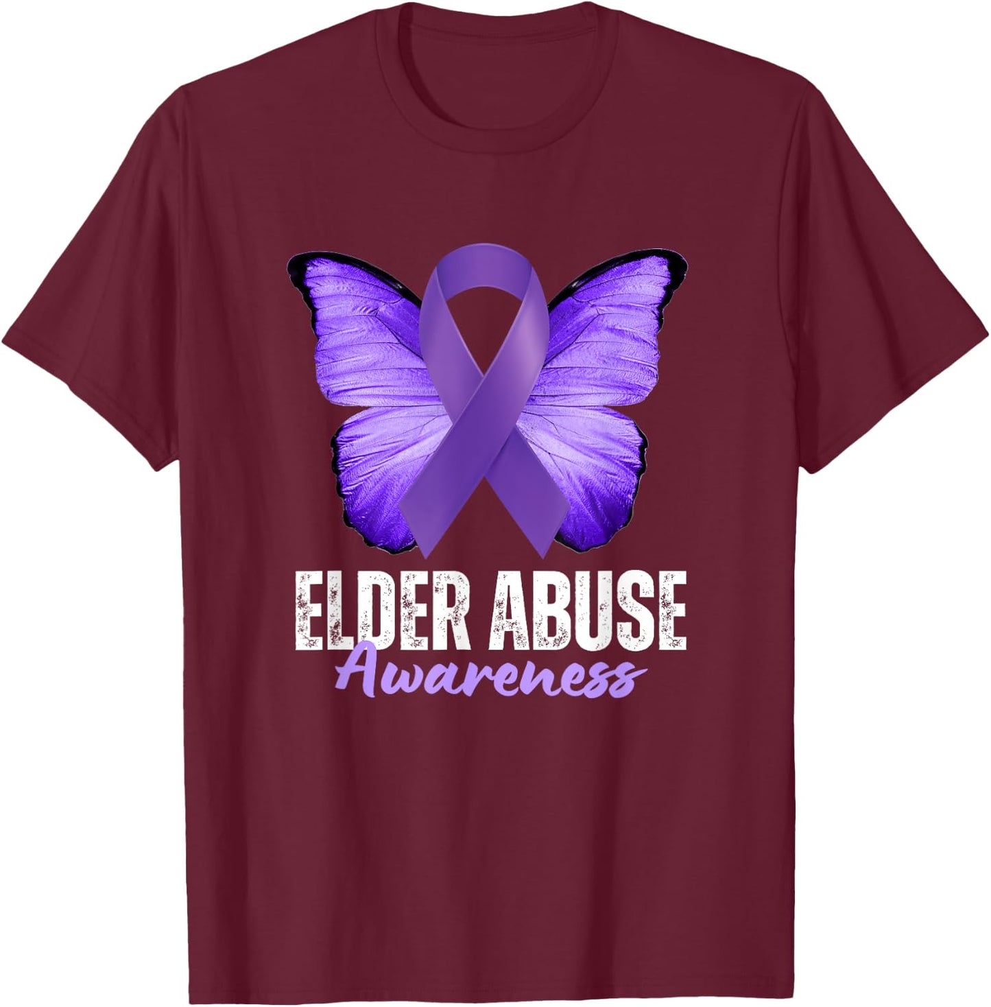 Elder Abuse Awareness Month Purple Butterfly Ribbon T-Shirt - T-Shirt | Maroon
