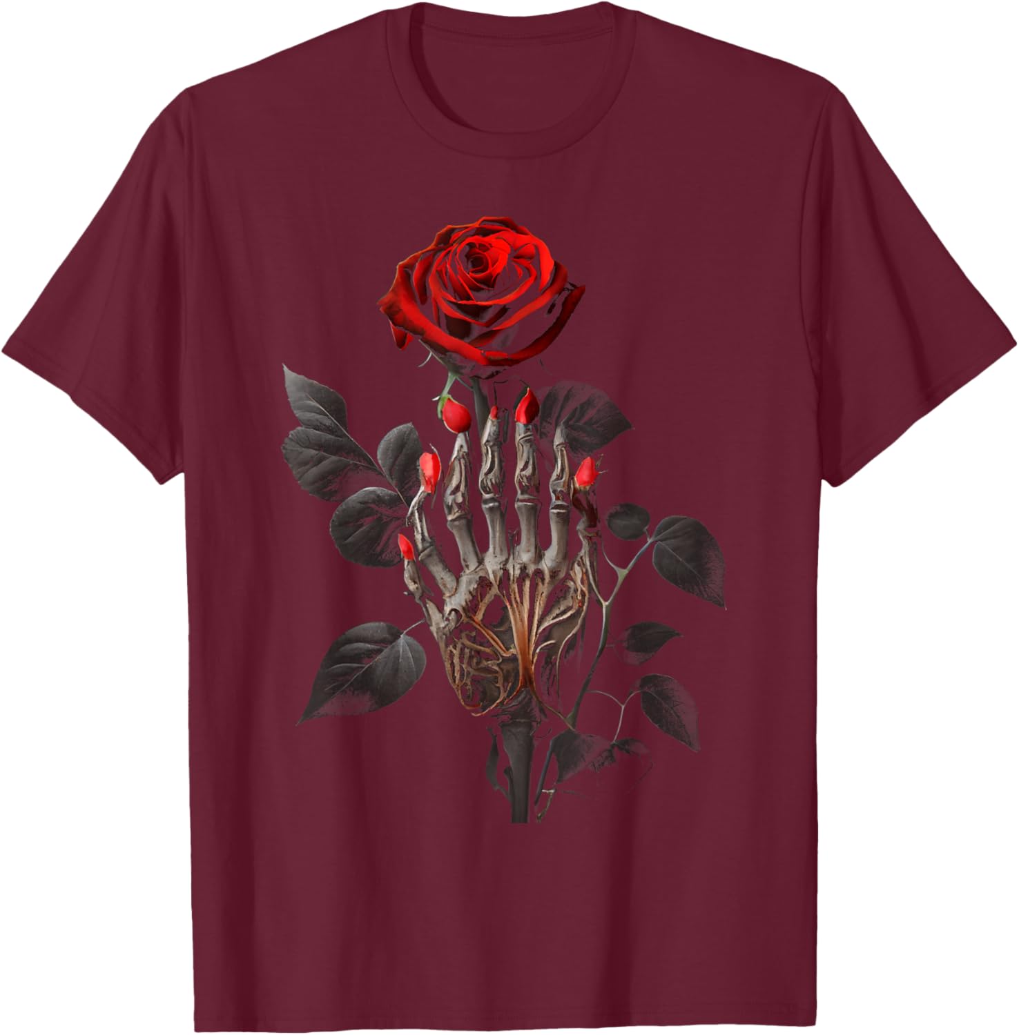 Gothic Rose Skeleton Hand Dark Academia Aesthetic Halloween T-Shirt - T-Shirt | Maroon