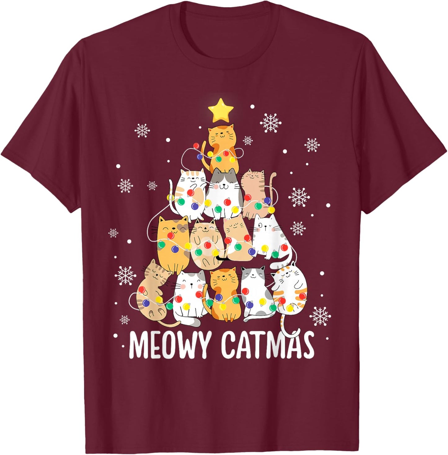 Meowy Catmas Cat Christmas Tree Lights Kitten Xmas Cat Lover T-Shirt - T-Shirt | Maroon