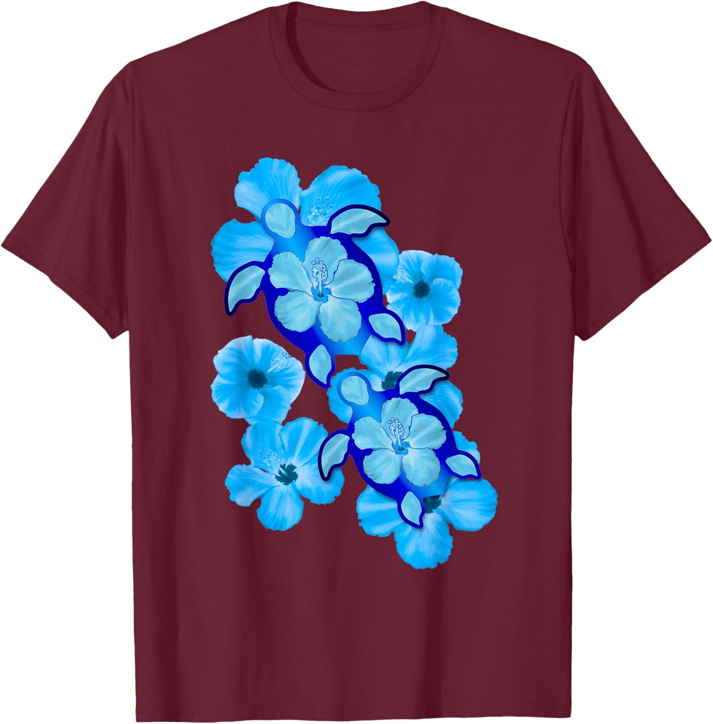 Hawaiian Sea Turtles Hibiscus Flowers T-Shirt - T-Shirt | Maroon