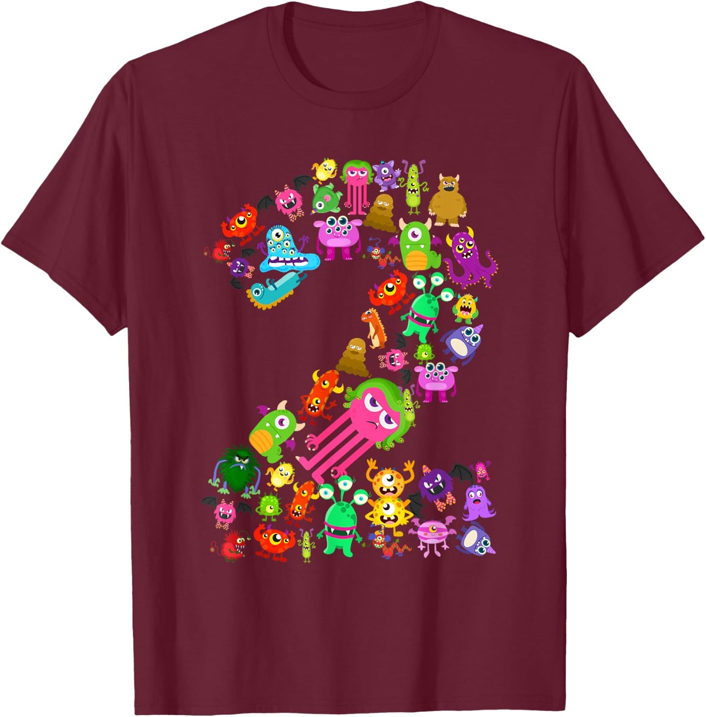 Little Monster 2 Two Years Old Kid 2nd Birthday Party Aliens T-Shirt - T-Shirt | Maroon