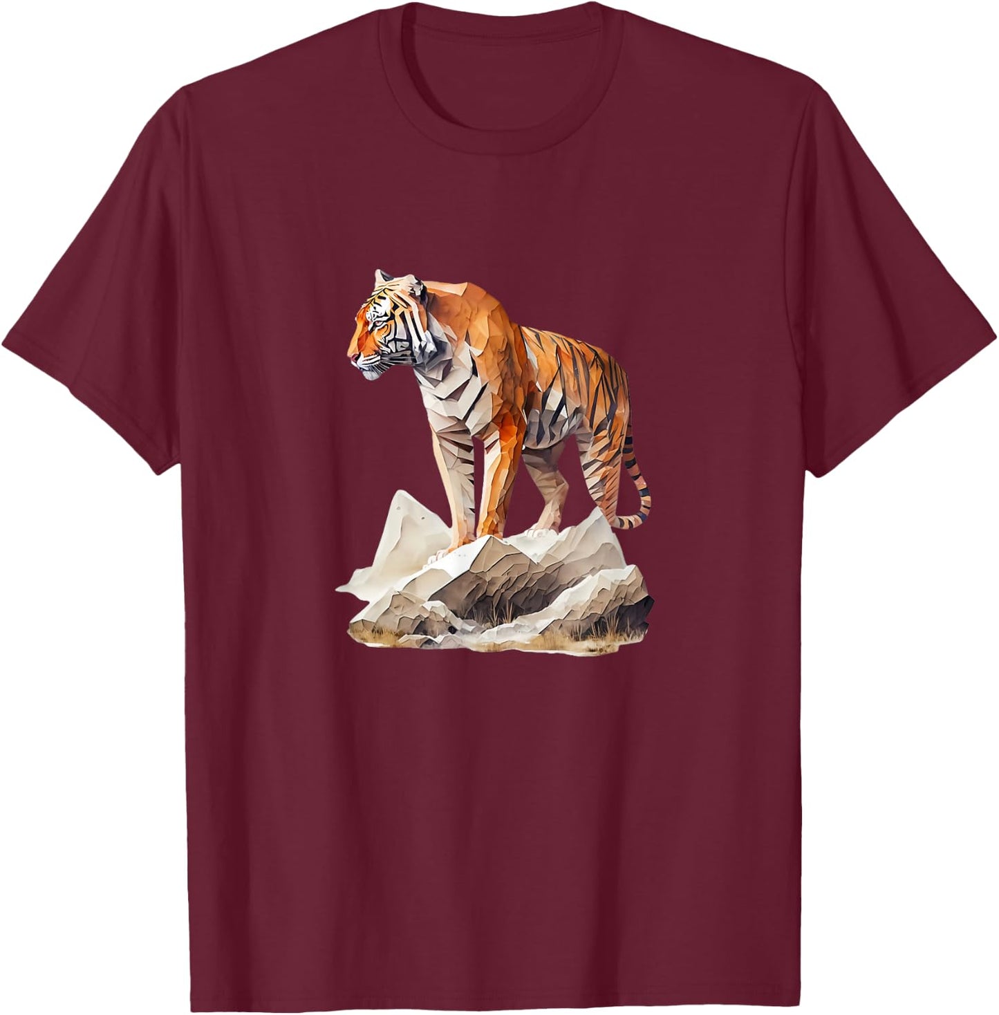 Majestic Tiger on Rocks Polygon Poly Art Tiger Lovers T-Shirt - T-Shirt | Maroon