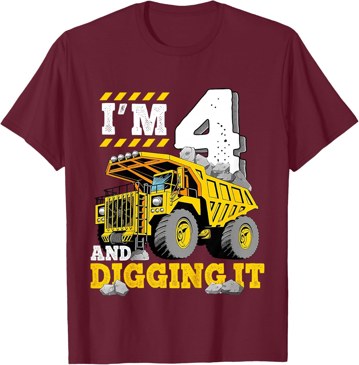 Kids Four 4th Birthday Construction Truck 4yr Boy 4 Years Old T-Shirt - T-Shirt | Maroon