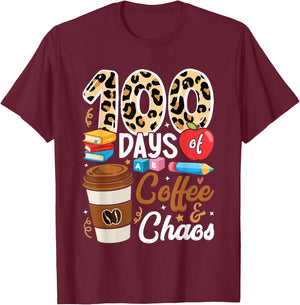 100th Day of School Teachers 100 Days of Coffee & Chaos Men Women Girls Kids T-Shirt - T-Shirt | Maroon