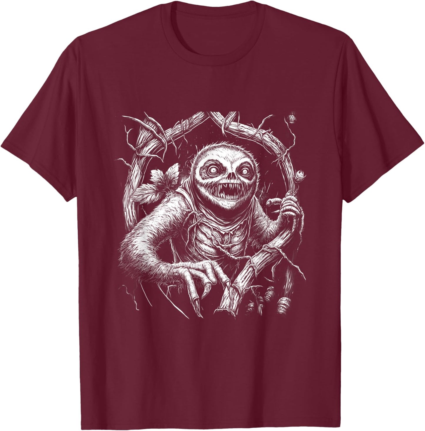 Creepy Scary Horror Sloth Forest Art Illustration Design T-Shirt - T-Shirt | Maroon