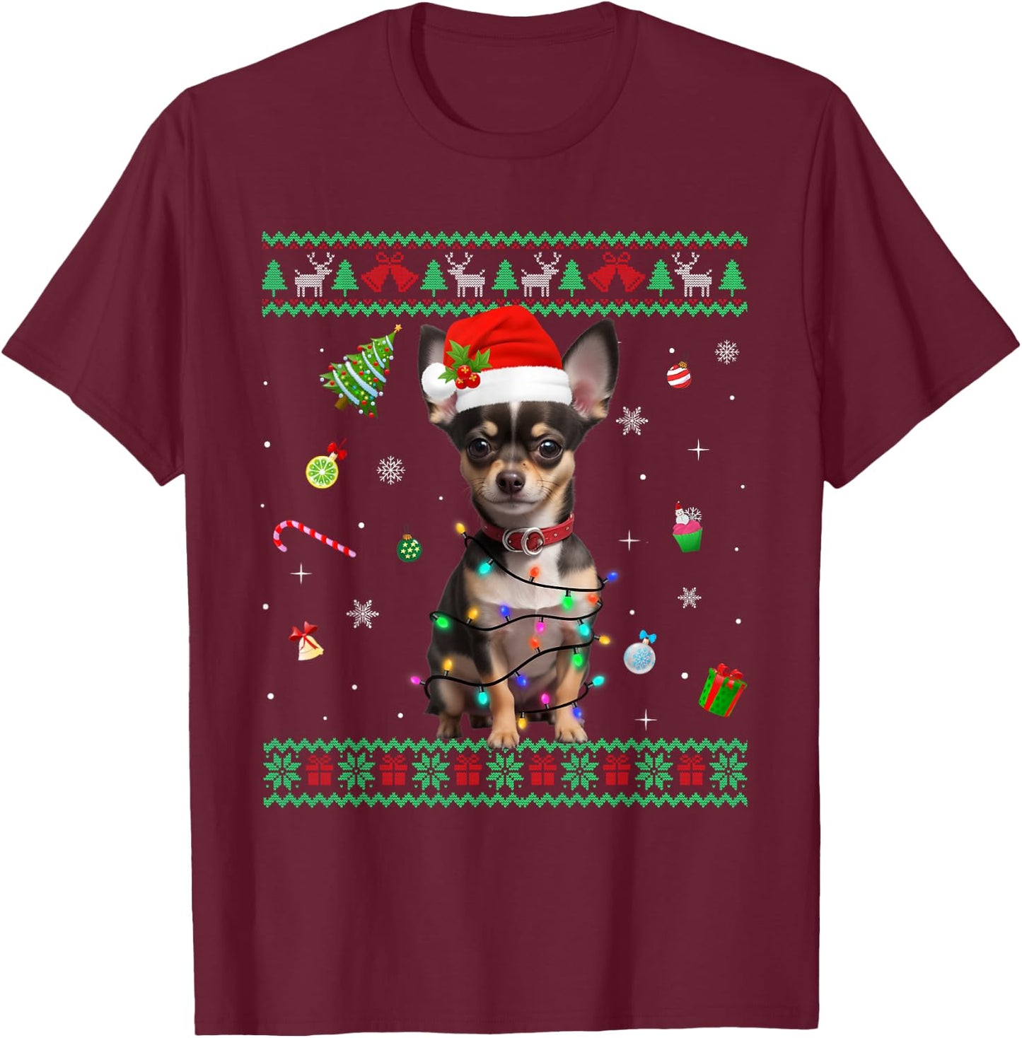 Ugly Sweater Chihuahua Dog Christmas Lights Santa Hat Men Women Kids T-Shirt - T-Shirt | Maroon