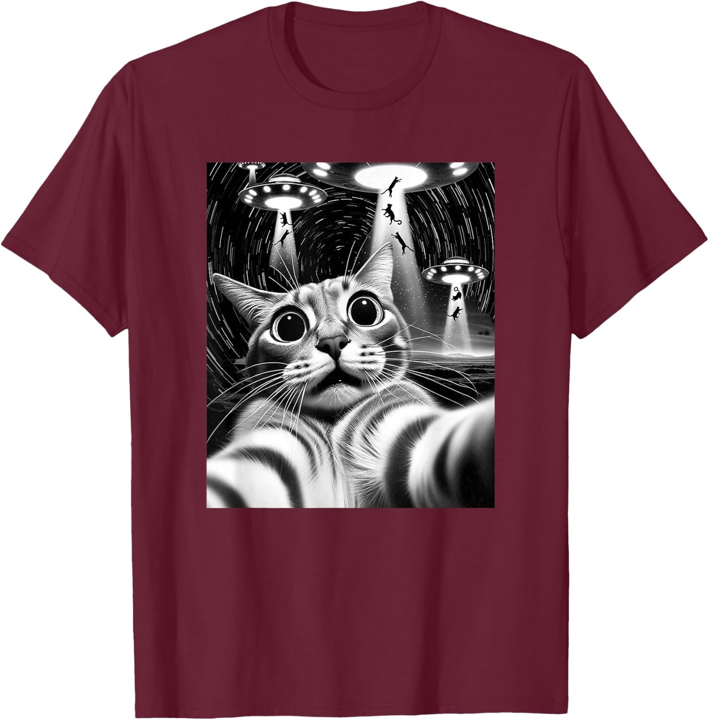Cat UFO Invasion | Funny Cat Meme Retro Alien Cat UFO Selfie T-Shirt - T-Shirt | Maroon