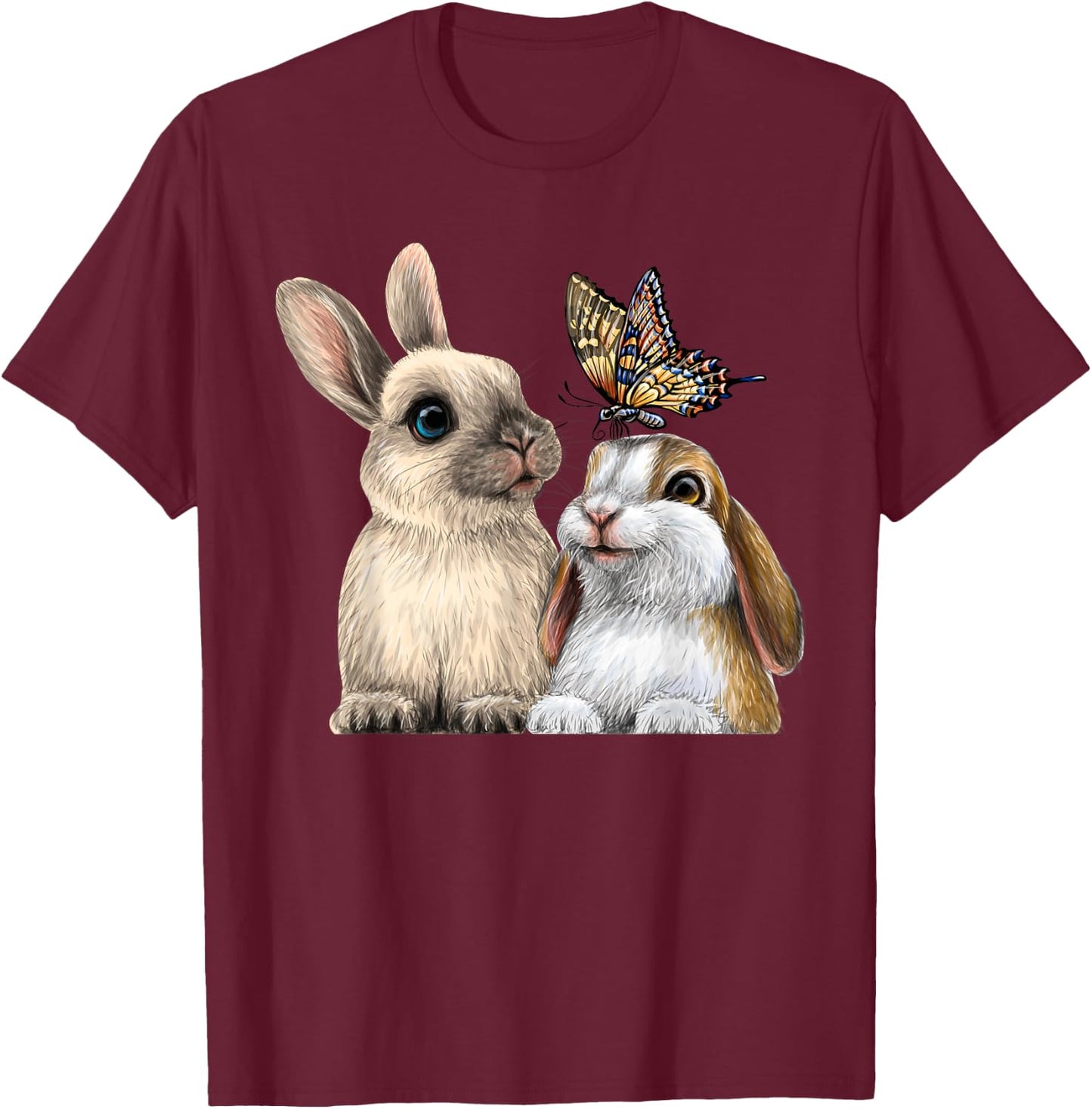 two cute Little rabbits with a butterfly for lovers Bunny T-Shirt - T-Shirt | Maroon