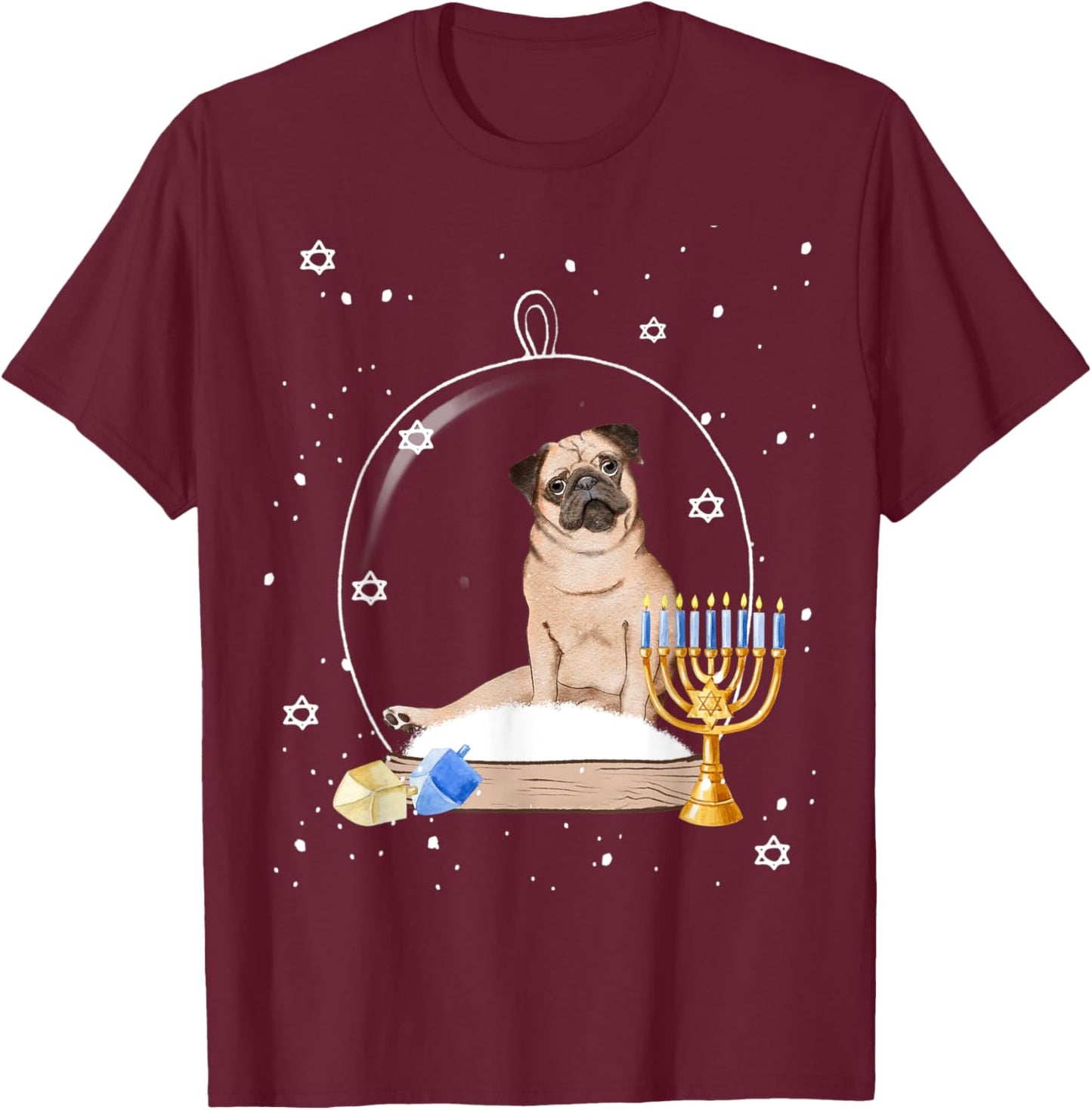 Hanukkah Pug Dog Snow Globe Pajama Women Kids T-Shirt - T-Shirt | Maroon