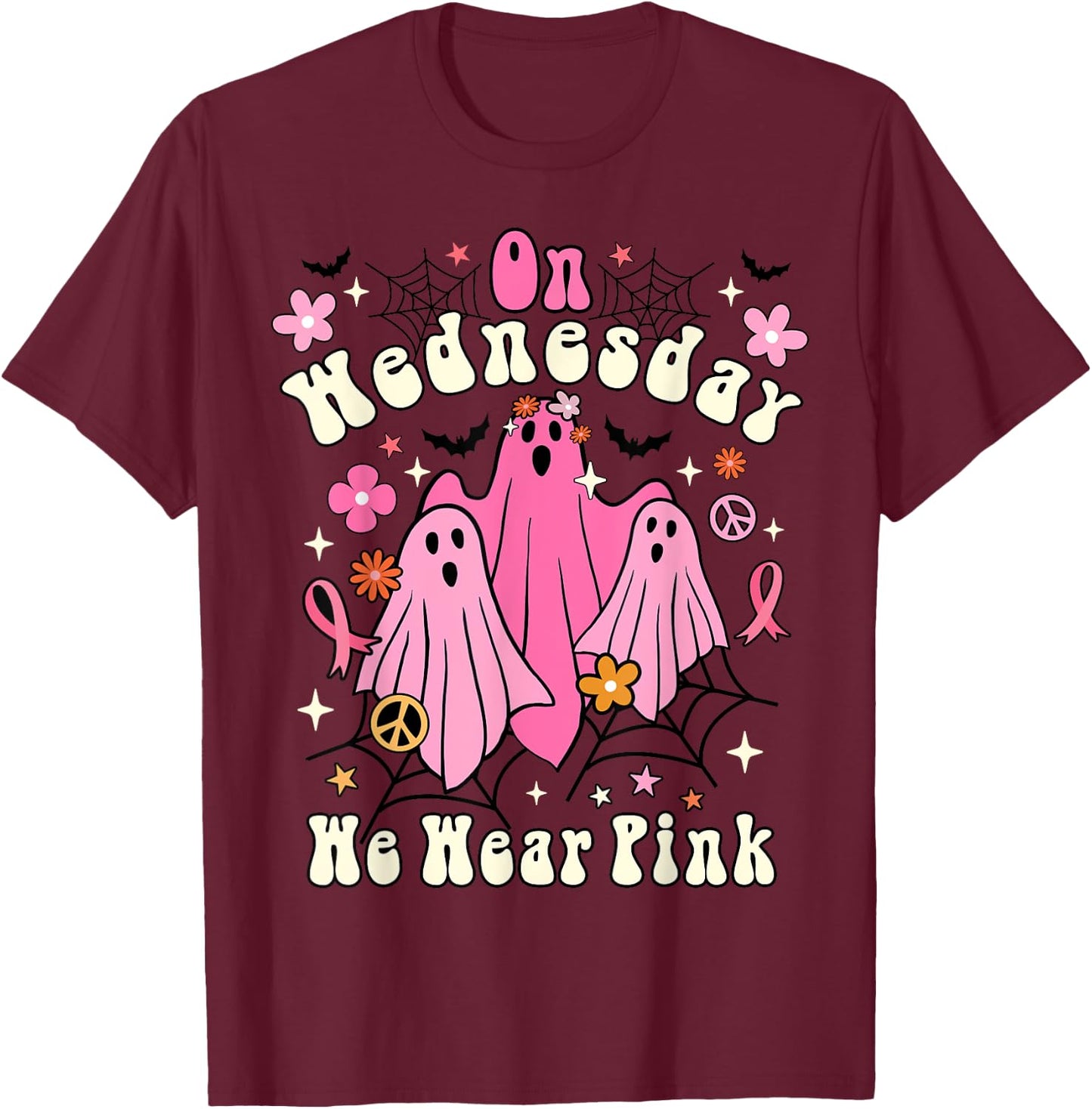 On Wednesday We Wear Pink Ghost Halloween Breast Cancer 2022 T-Shirt - T-Shirt | Maroon
