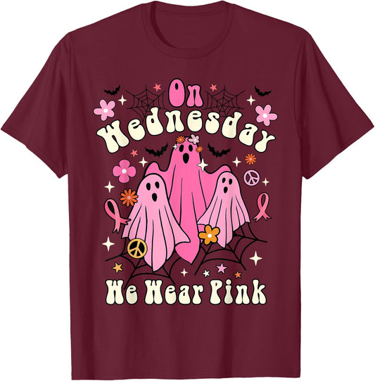 On Wednesday We Wear Pink Ghost Halloween Breast Cancer 2022 T-Shirt - T-Shirt | Maroon