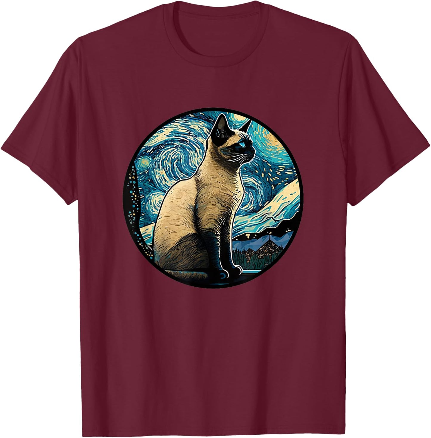 Siamese Cat in Starry Night Painting Men Women Kids T-Shirt - T-Shirt | Maroon