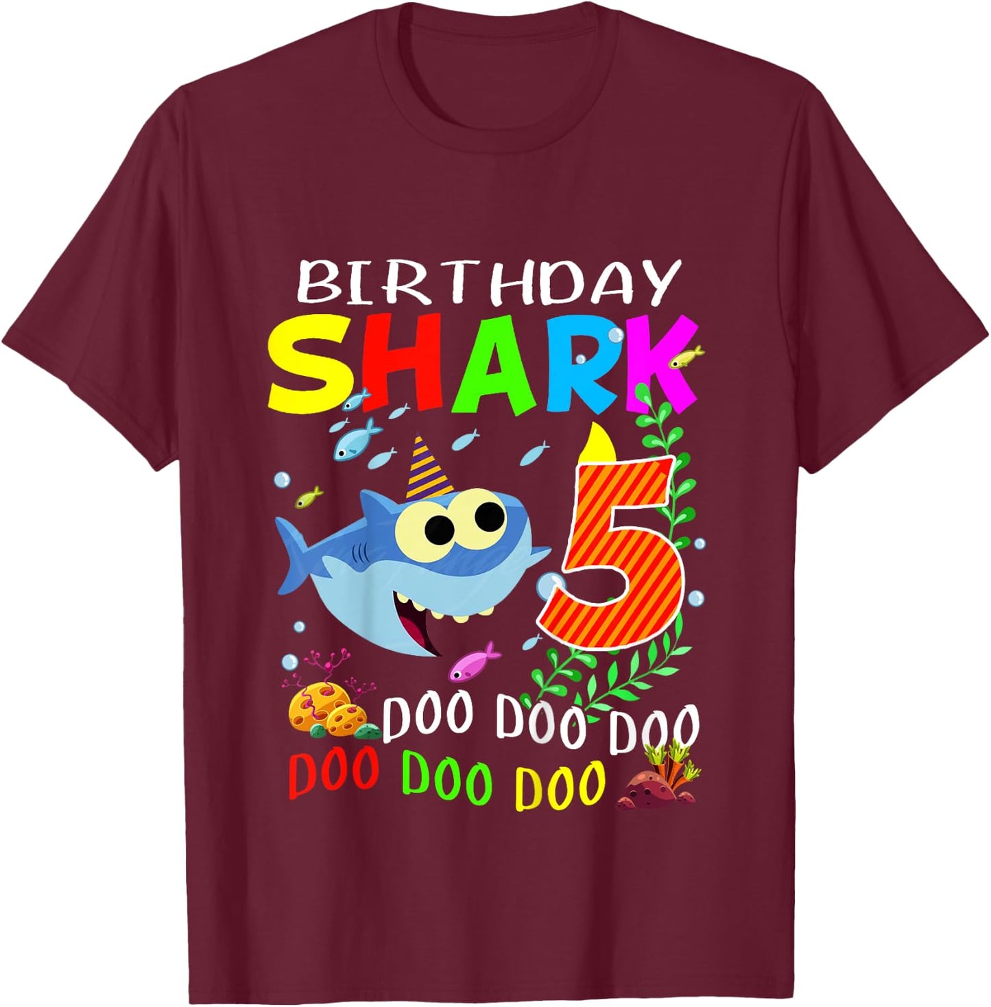 Birthday Shark 5 Years Old Boys and Girls 5th Birthday Gift T-Shirt - T-Shirt | Maroon