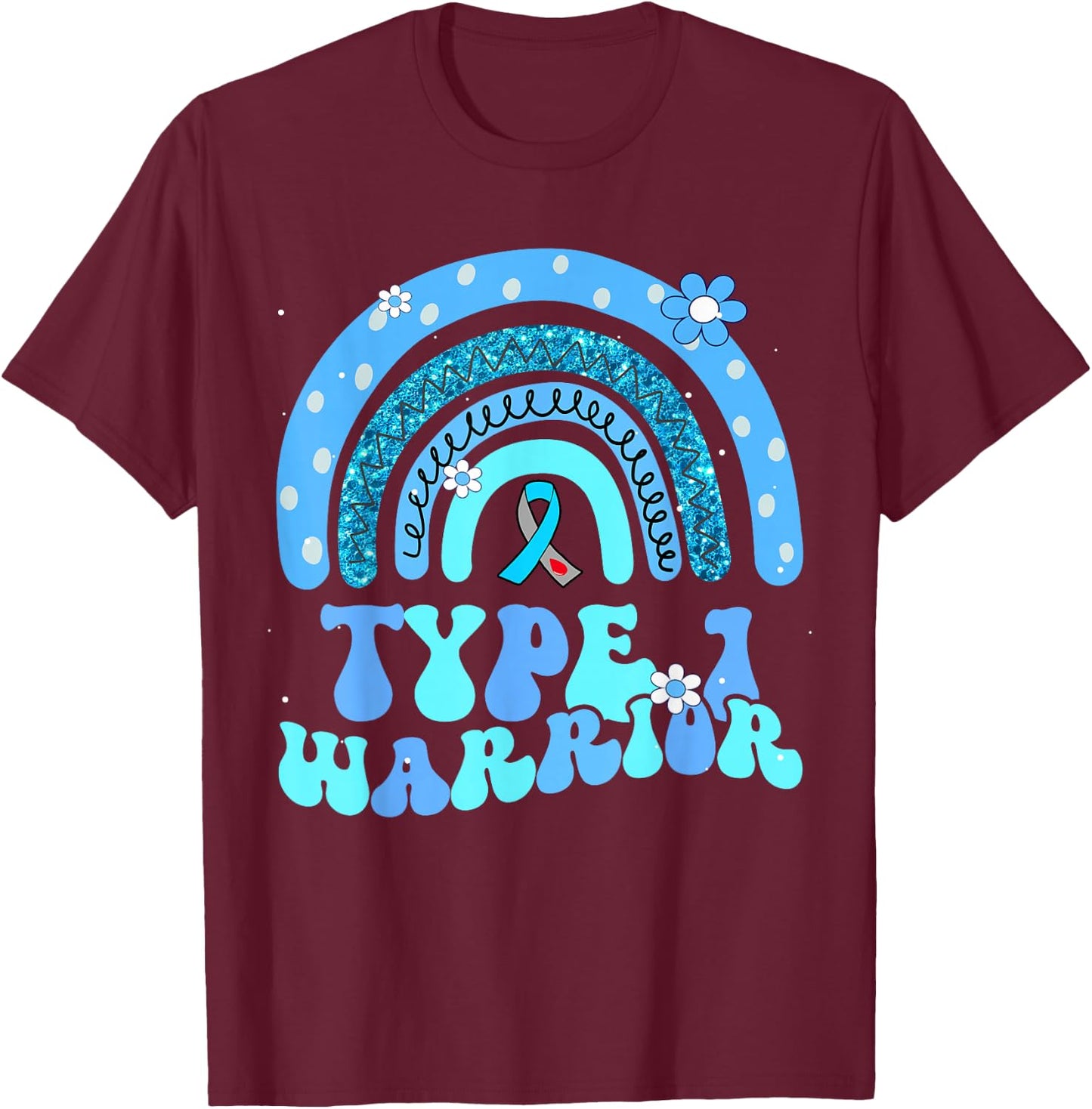 T1D Warrior Type 1 Diabetes Awareness Blue Ribbon T-Shirt - T-Shirt | Maroon