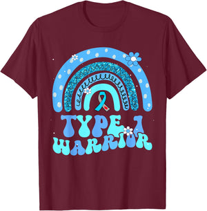 T1D Warrior Type 1 Diabetes Awareness Blue Ribbon T-Shirt - T-Shirt | Maroon