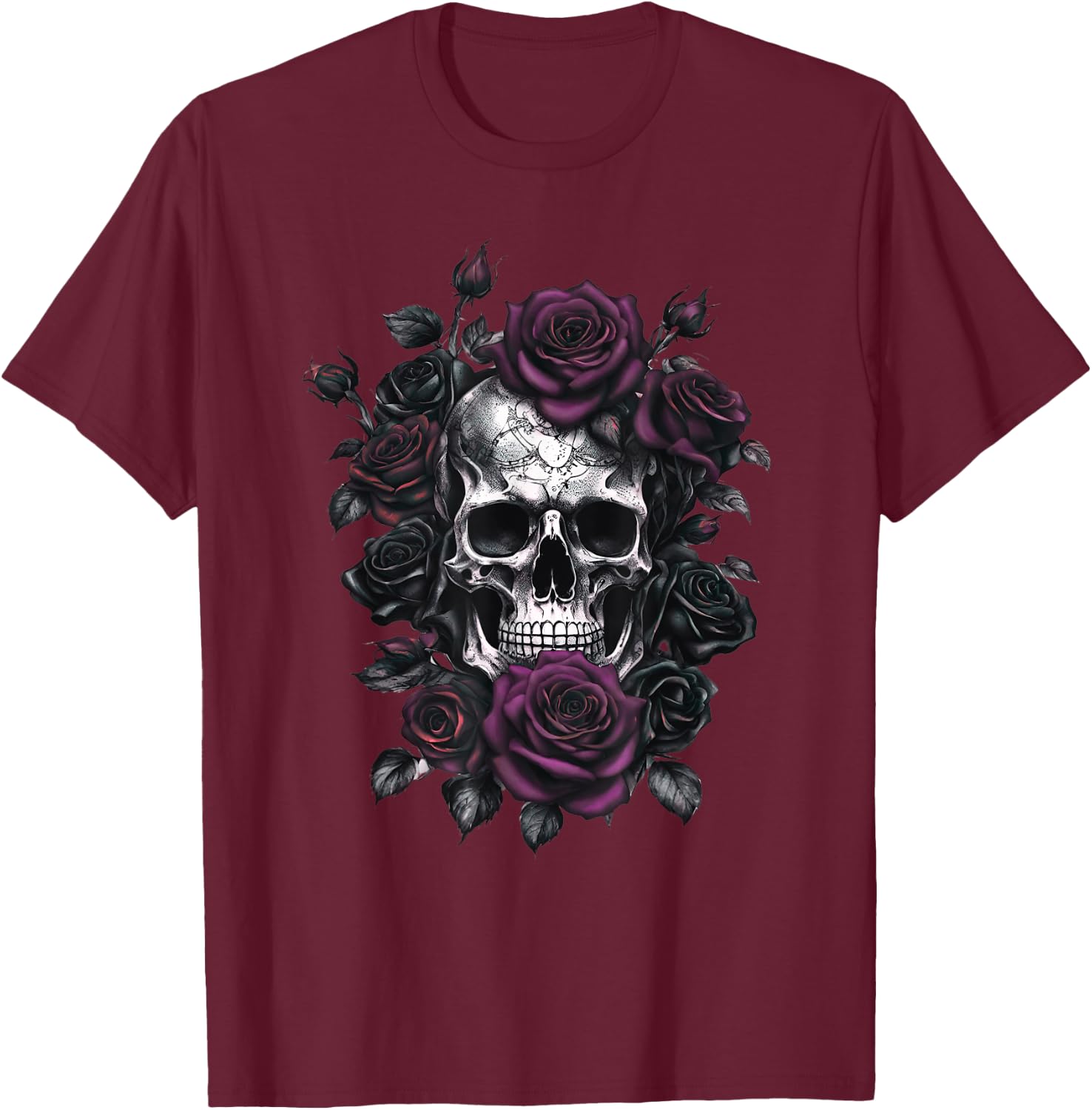 Skeleton Metalhead Skulls and Roses Metal Rock Purple Roses T-Shirt - T-Shirt | Maroon