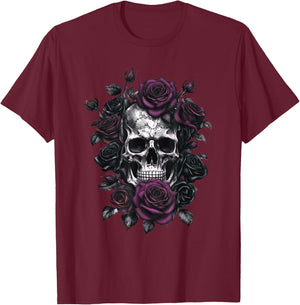 Skeleton Metalhead Skulls and Roses Metal Rock Purple Roses T-Shirt - T-Shirt | Maroon