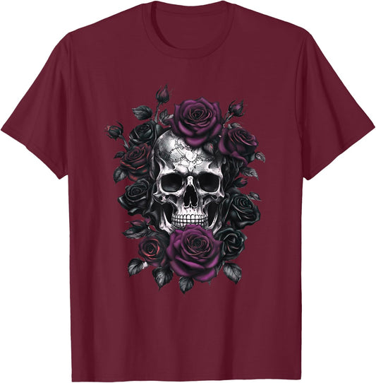 Skeleton Metalhead Skulls and Roses Metal Rock Purple Roses T-Shirt - T-Shirt | Maroon