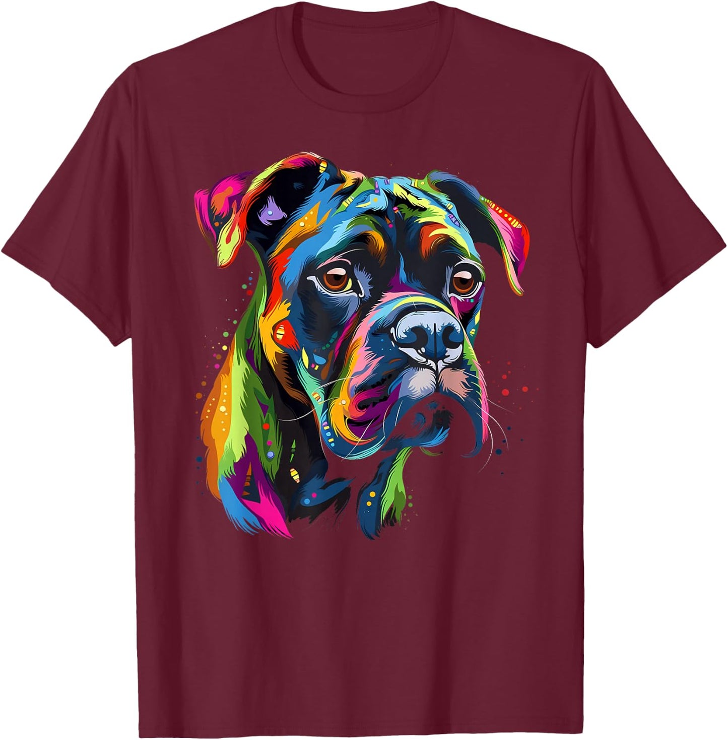 Boxer Dog Colorful Face Funny Puppy Art Lover Black T-Shirt - T-Shirt | Maroon