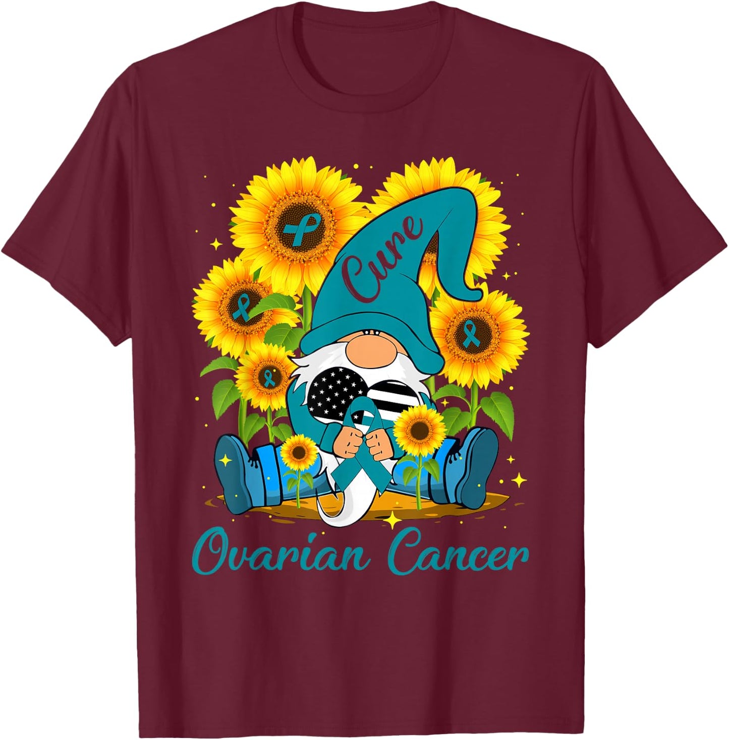 Cure Ovarian Cancer Awareness Day Fighter Gnome Teal Ribbon T-Shirt - T-Shirt | Maroon