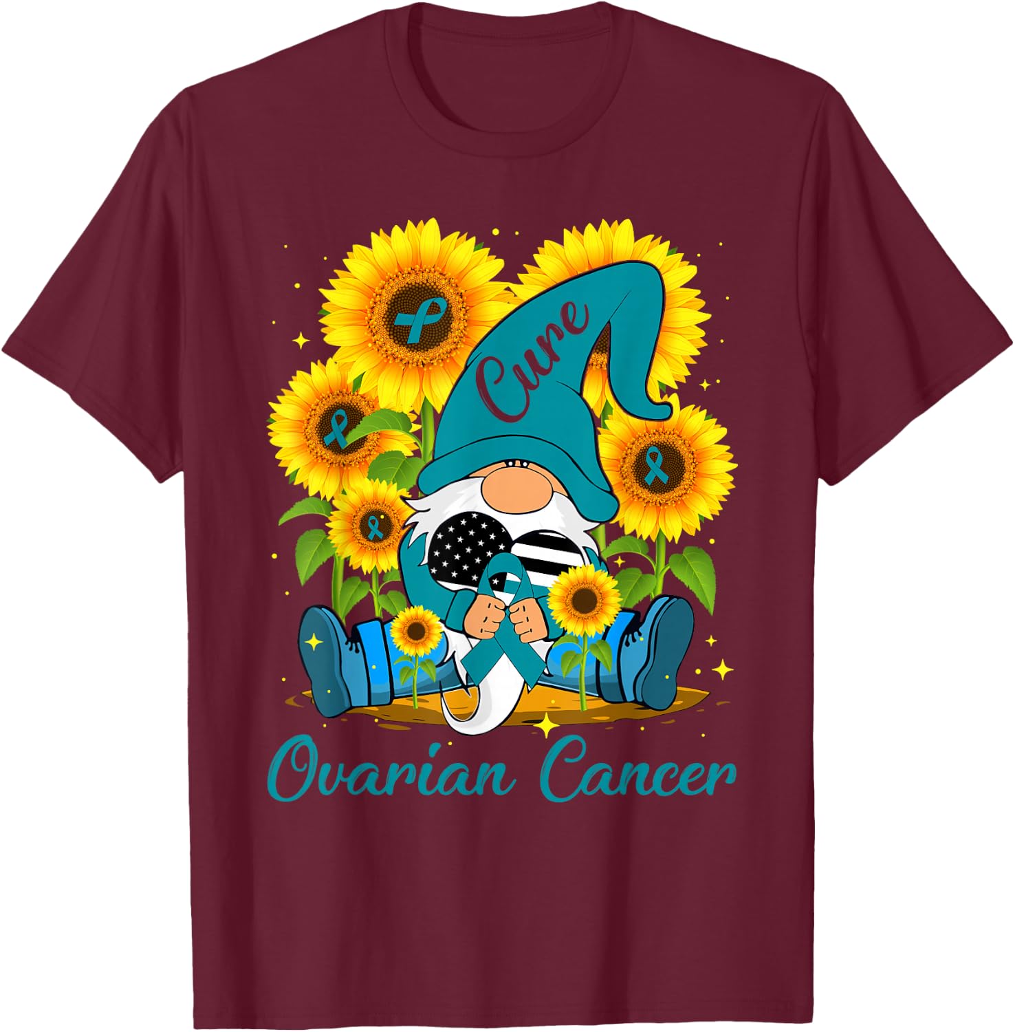 Cure Ovarian Cancer Awareness Day Fighter Gnome Teal Ribbon T-Shirt - T-Shirt | Maroon
