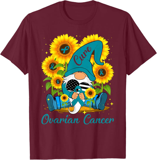 Cure Ovarian Cancer Awareness Day Fighter Gnome Teal Ribbon T-Shirt - T-Shirt | Maroon