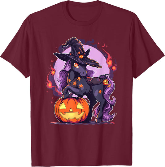 Halloween Horse Witch Hat Jack o Lantern Horse Rider Graphic T-Shirt - T-Shirt | Maroon